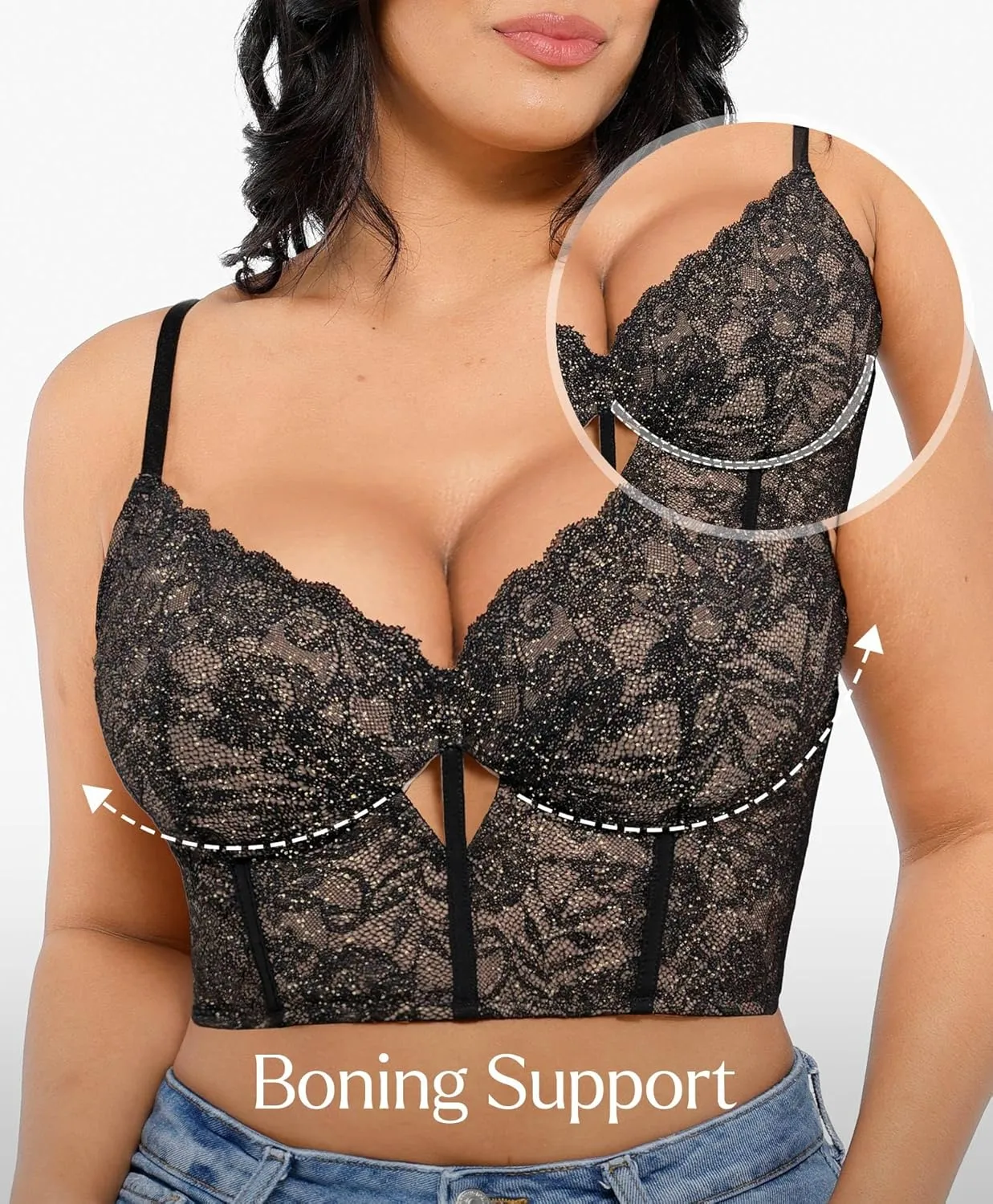 Popilush Bustier Corset Crop Tops for Women V Neck Lace Bralette with Underwired Racerback Adjustable Straps