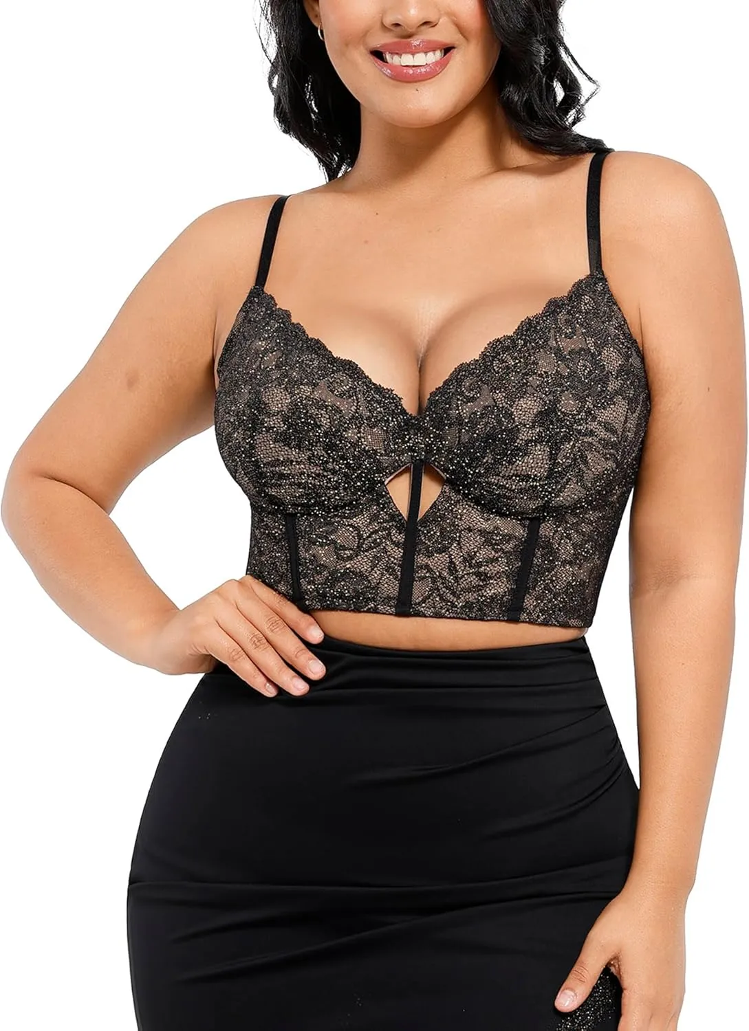 Popilush Bustier Corset Crop Tops for Women V Neck Lace Bralette with Underwired Racerback Adjustable Straps