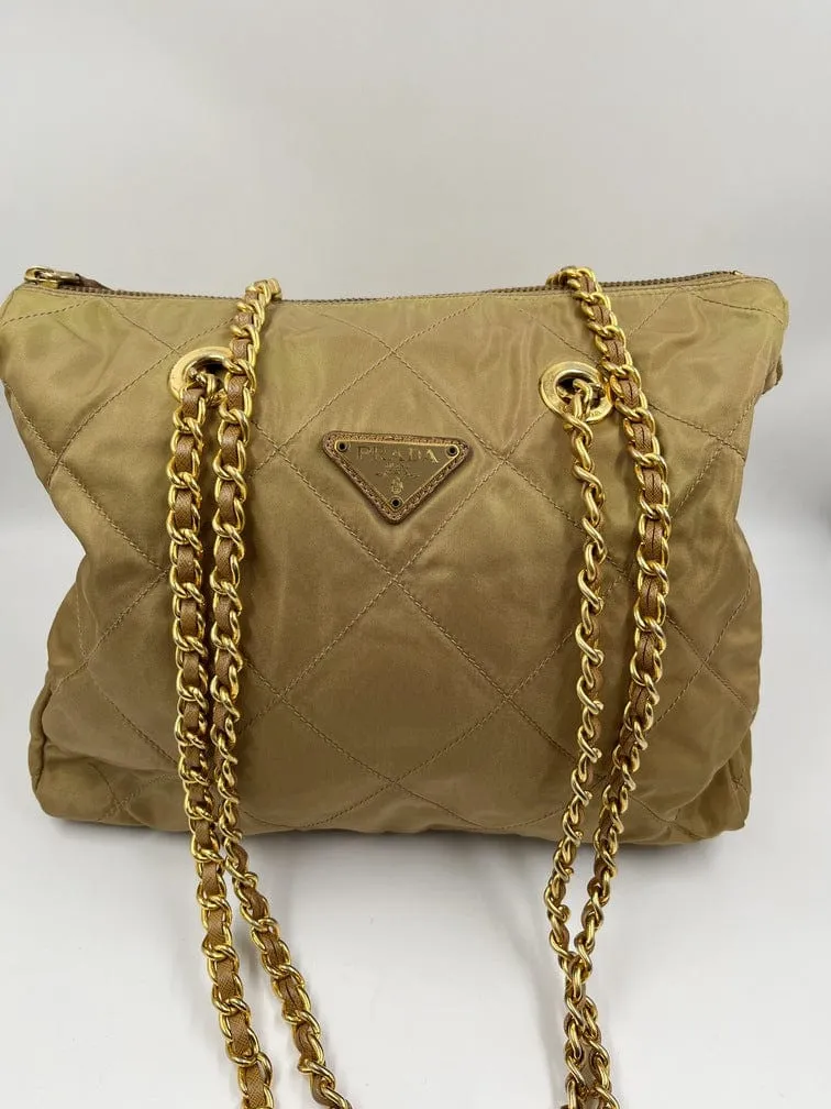 Prada Nylon Tote with Chain Handle - Beige