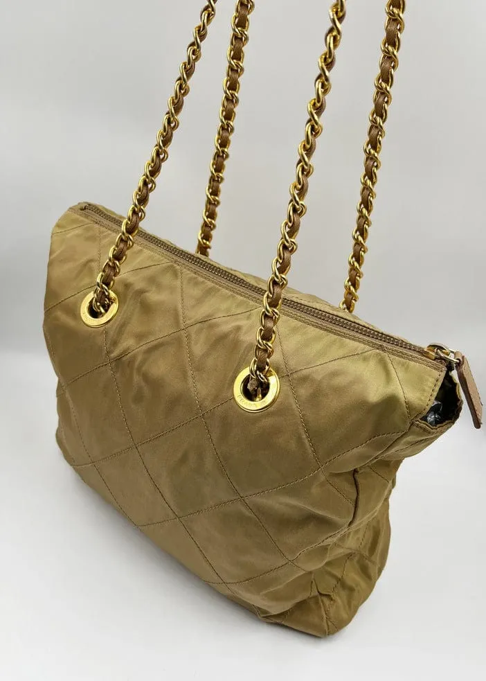 Prada Nylon Tote with Chain Handle - Beige
