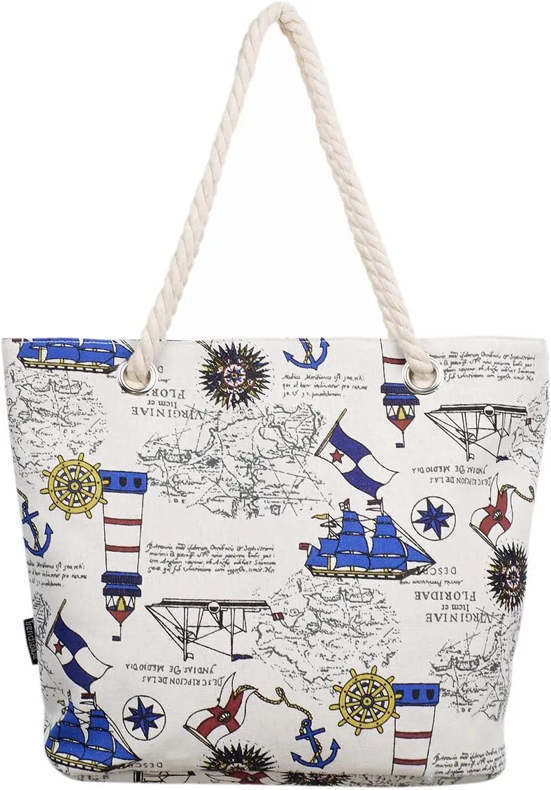 Premium Bon Voyage Ship Anchor Rudder Cotton Canvas Tote Shoulder Bag Handbag