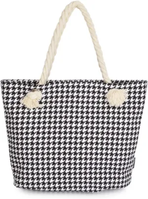 Premium Classic Black White Houndstooth Print Cotton Canvas Tote Shoulder Bag Handbag
