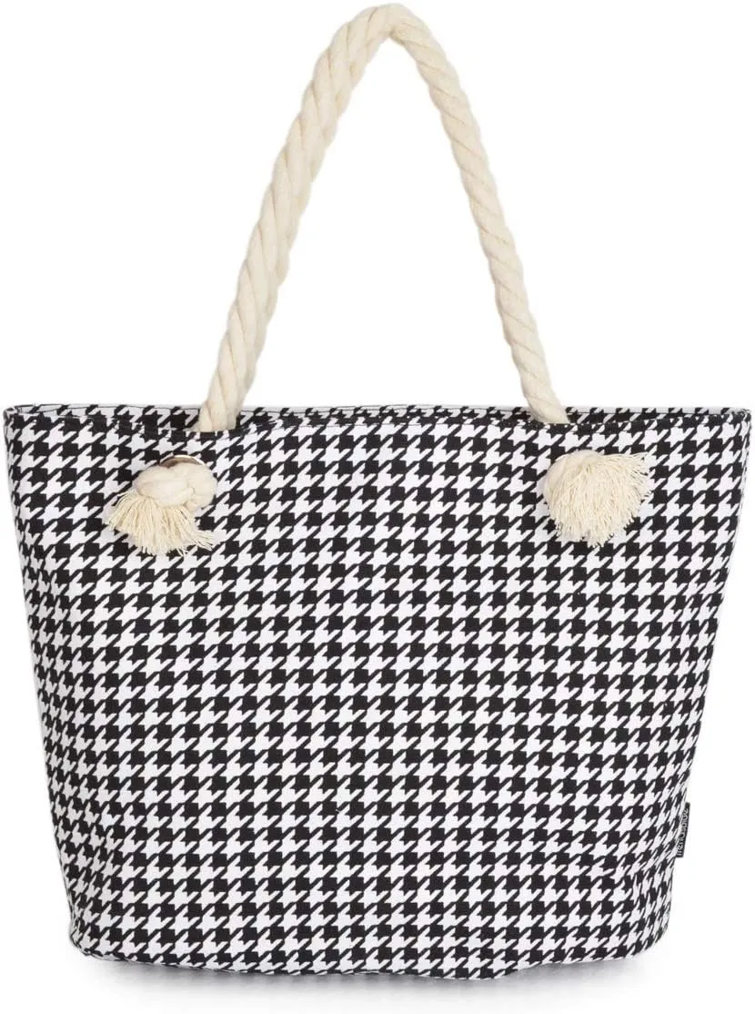 Premium Classic Black White Houndstooth Print Cotton Canvas Tote Shoulder Bag Handbag