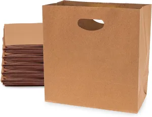 Prime Line Packaging Brown Paper Bags with Die Cut Handles for Restaurants, Food To Go, Bread, Take Out Goodie, Small Business, Bulk, 11x6x11, 100 Pack