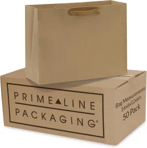 Prime Line Packaging Large Gift Bags with Handles, Kraft Paper Shopping Bags for Small Business, Boutiques, Retail, Merchandise, Bulk, 16x6x12 50 Pack