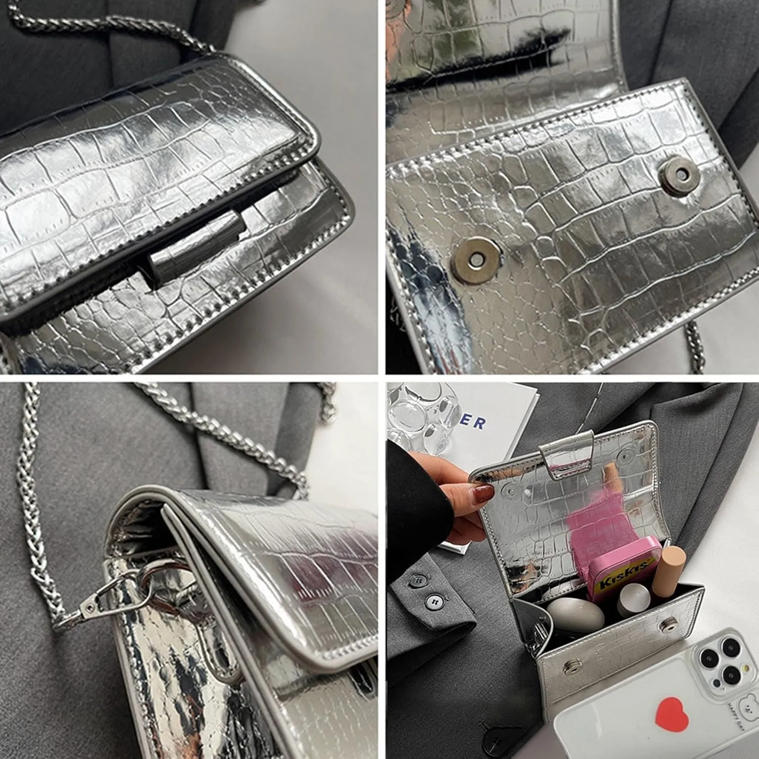 PU Leathe Mini Crossbody Bags for Women's, Y2k Mini Square Purse with Chain Strap Fashion Women Small Evening Bags