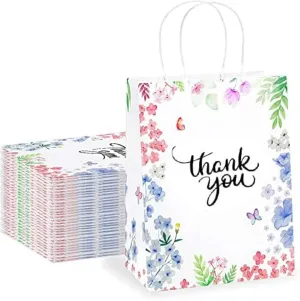 Purple Q Crafts Thank You Gift Bags 50 Pack 8" X 4" X 10" Small Paper Bags With Handles Floral Design Thank You Bags For Business, Boutique, Gifts, Wedding Favors…