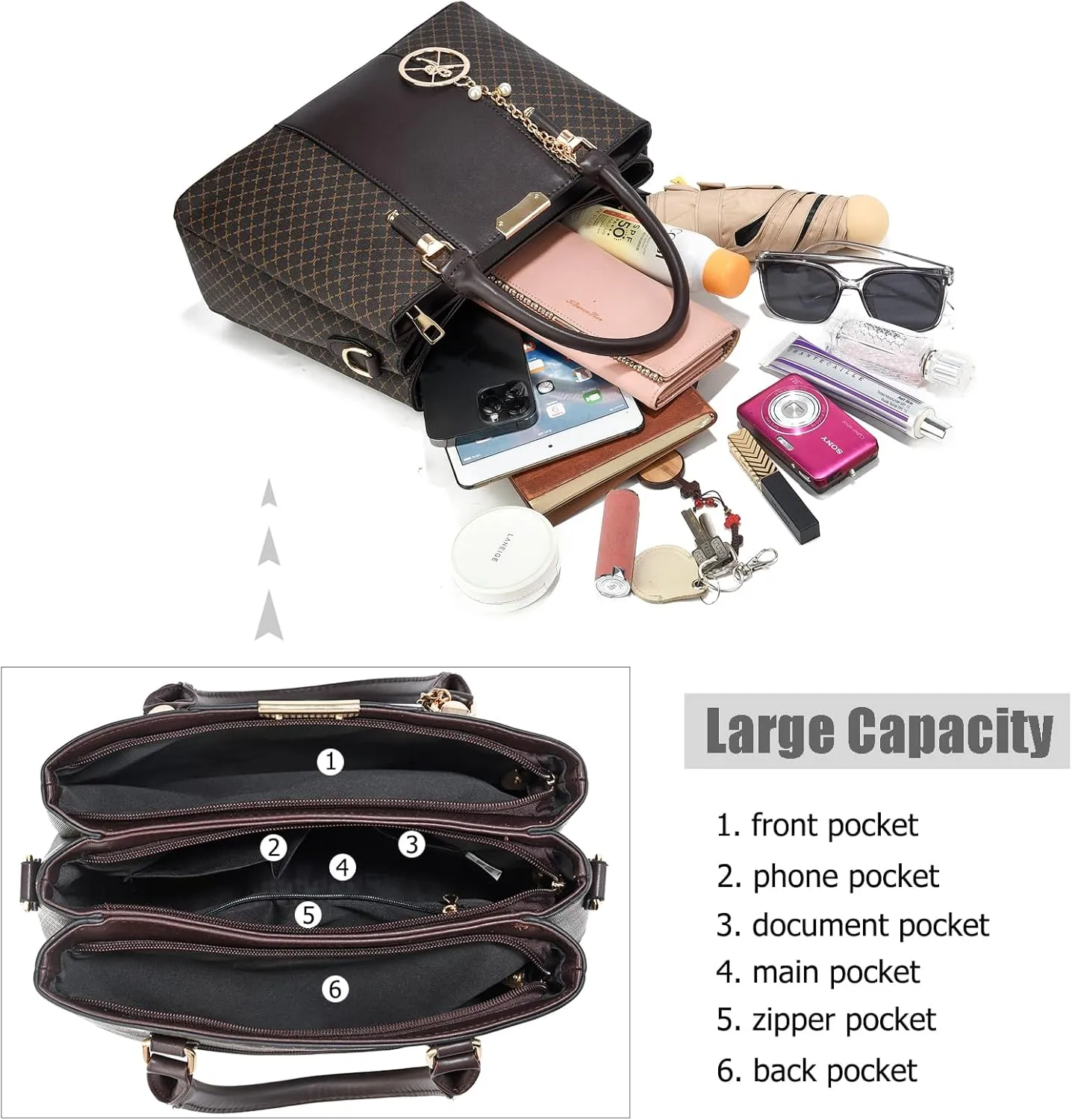 Purse and Handbags for Women, 3 Zip Compartments Tote Bag Designer Shoulder Purse Top Handle Satchel Bags