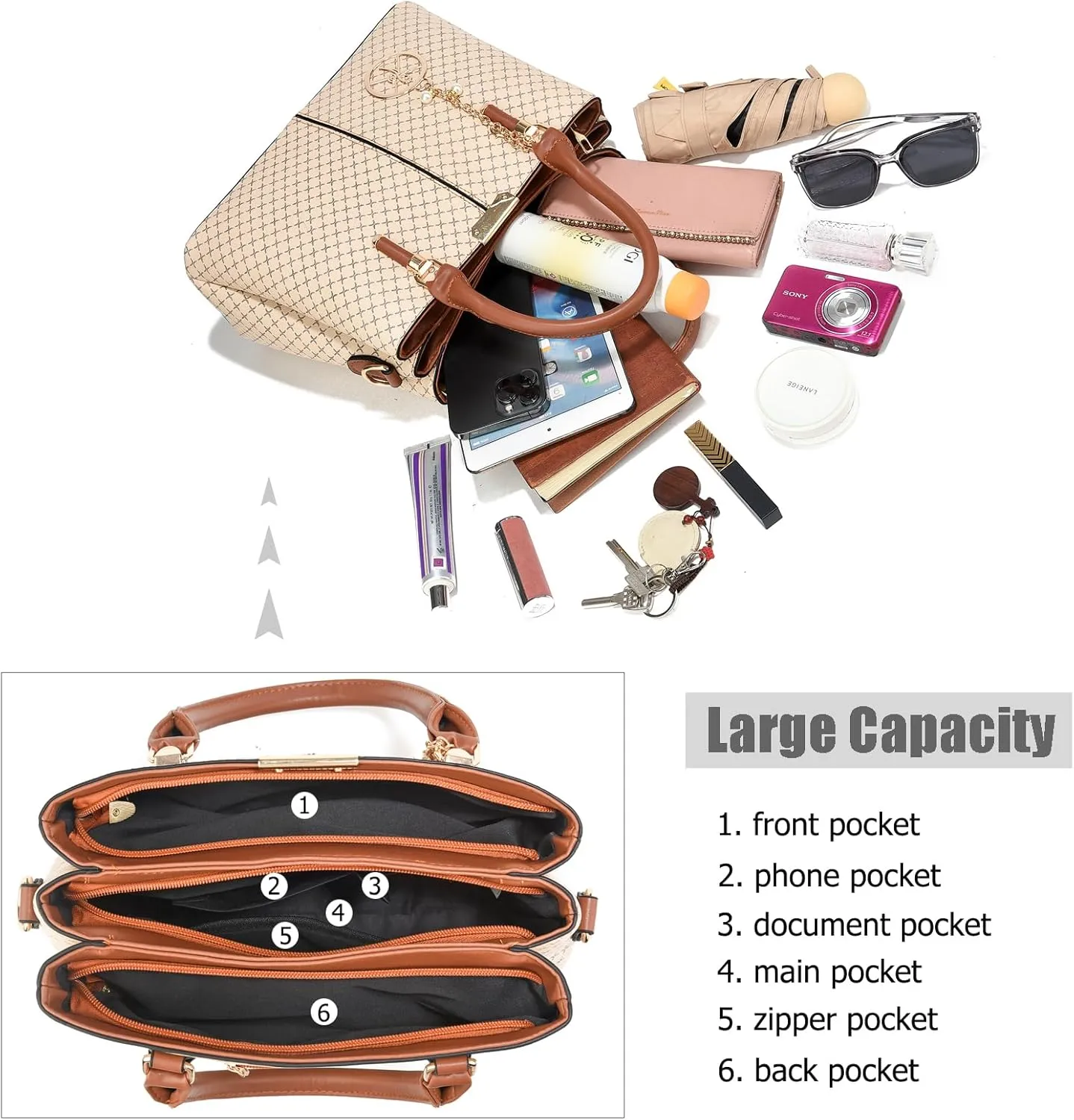 Purse and Handbags for Women, 3 Zip Compartments Tote Bag Designer Shoulder Purse Top Handle Satchel Bags