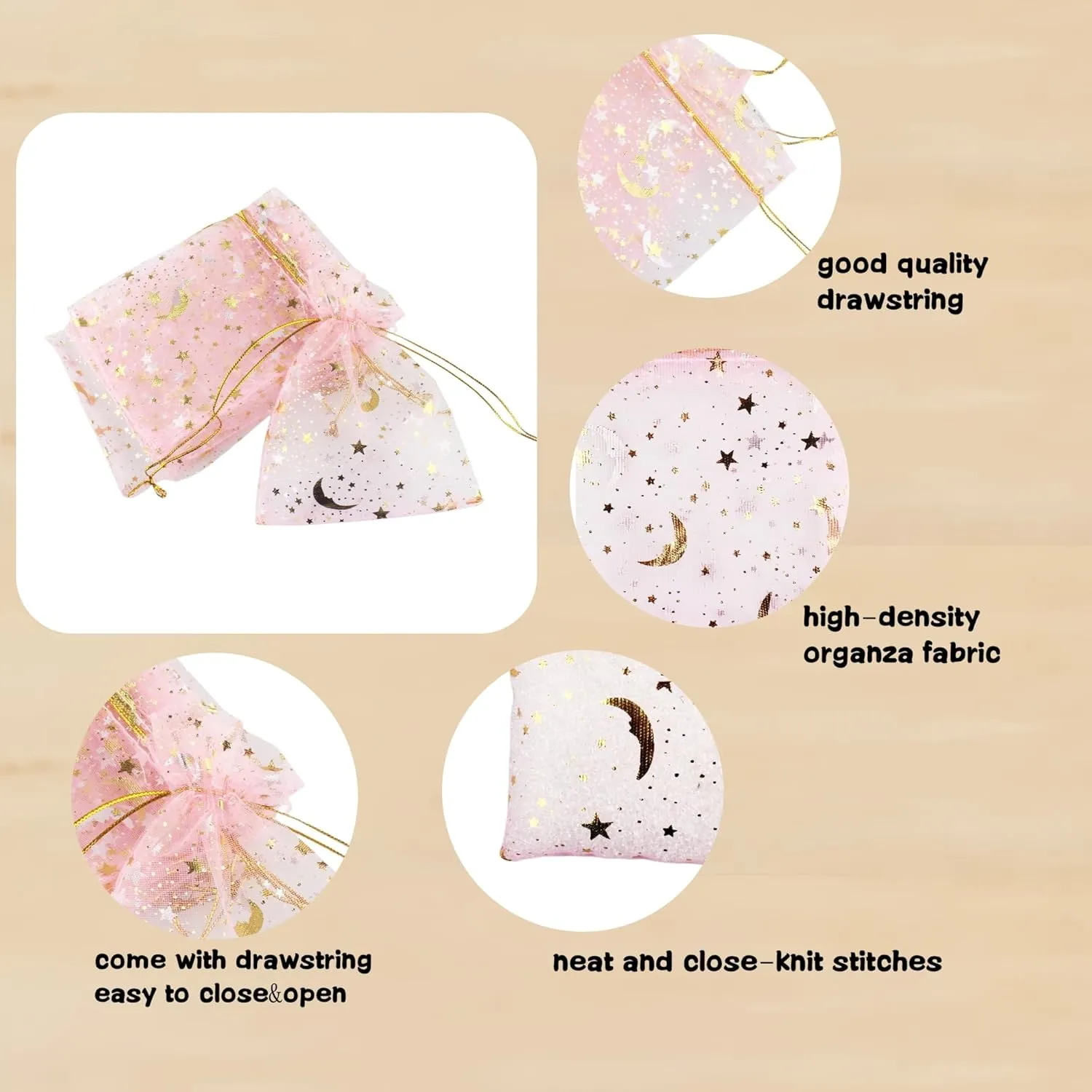 QIANHAILIZZ 100 Pack 3.5 x 4.7 Inch Moon Star Organza Jewelry Gift Pouch Candy Pouch Drawstring Wedding Favor Bags MS9 (pink)