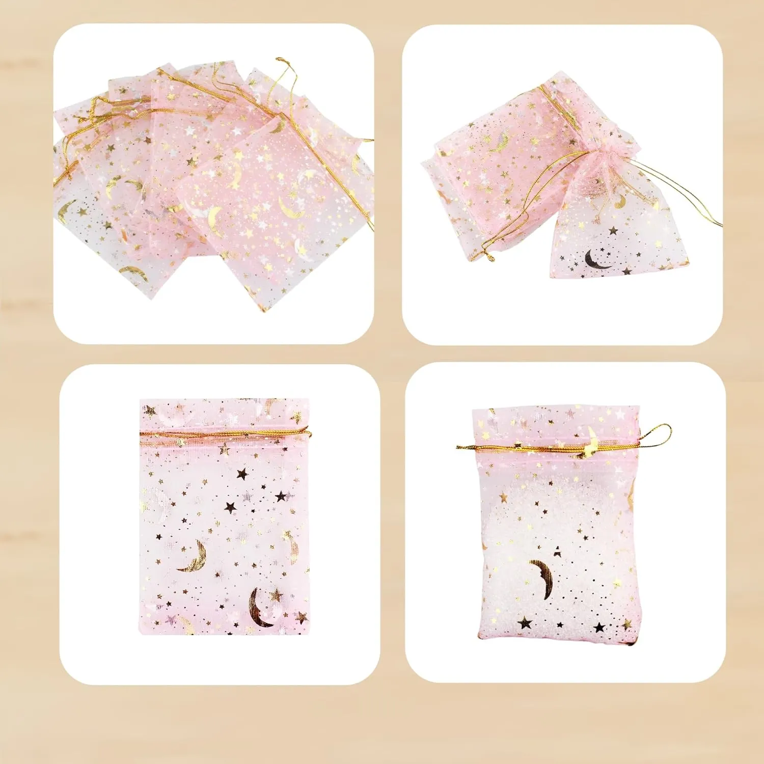 QIANHAILIZZ 100 Pack 3.5 x 4.7 Inch Moon Star Organza Jewelry Gift Pouch Candy Pouch Drawstring Wedding Favor Bags MS9 (pink)
