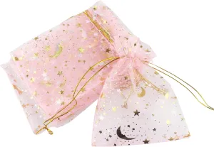 QIANHAILIZZ 100 Pack 3.5 x 4.7 Inch Moon Star Organza Jewelry Gift Pouch Candy Pouch Drawstring Wedding Favor Bags MS9 (pink)