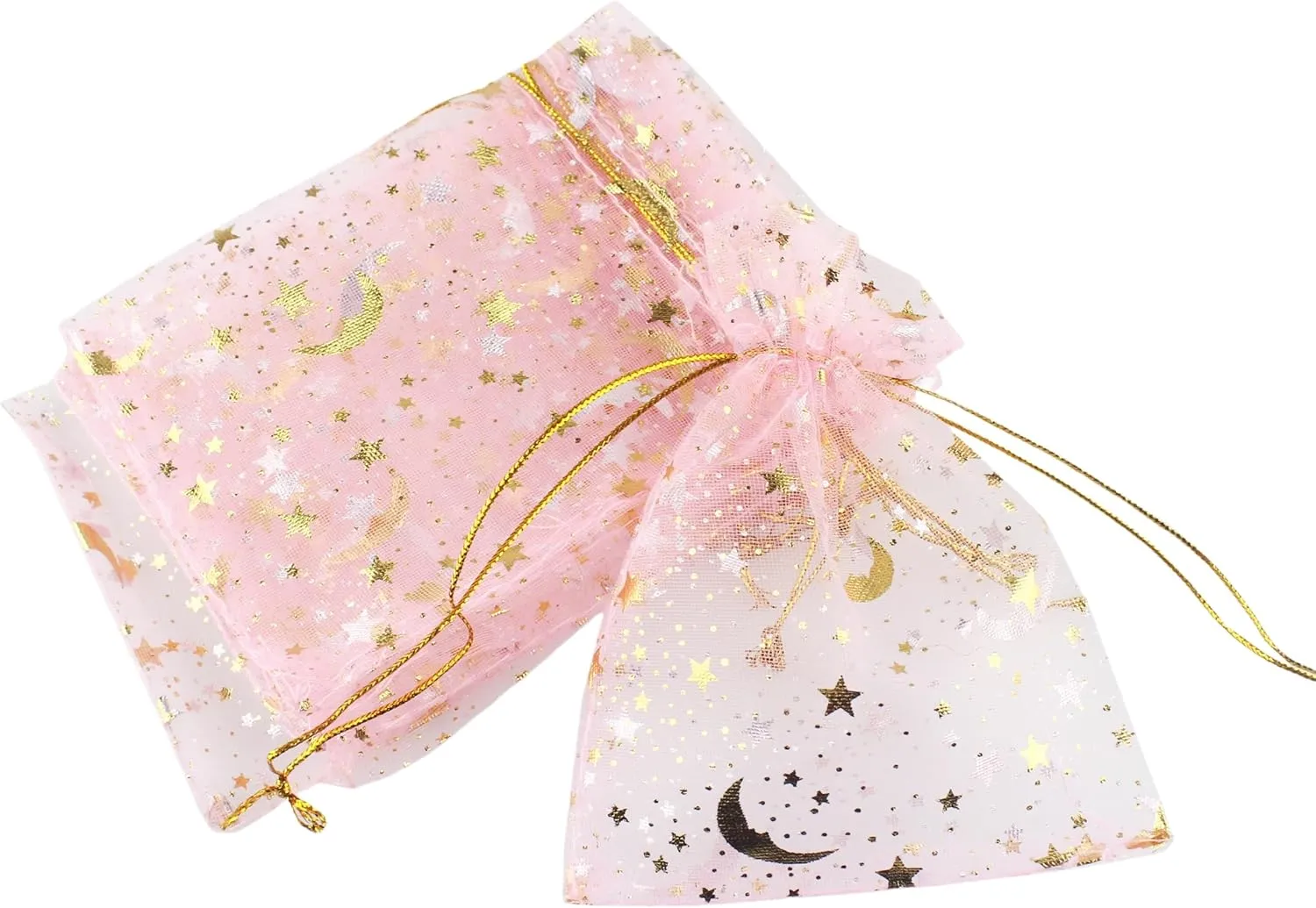 QIANHAILIZZ 100 Pack 3.5 x 4.7 Inch Moon Star Organza Jewelry Gift Pouch Candy Pouch Drawstring Wedding Favor Bags MS9 (pink)