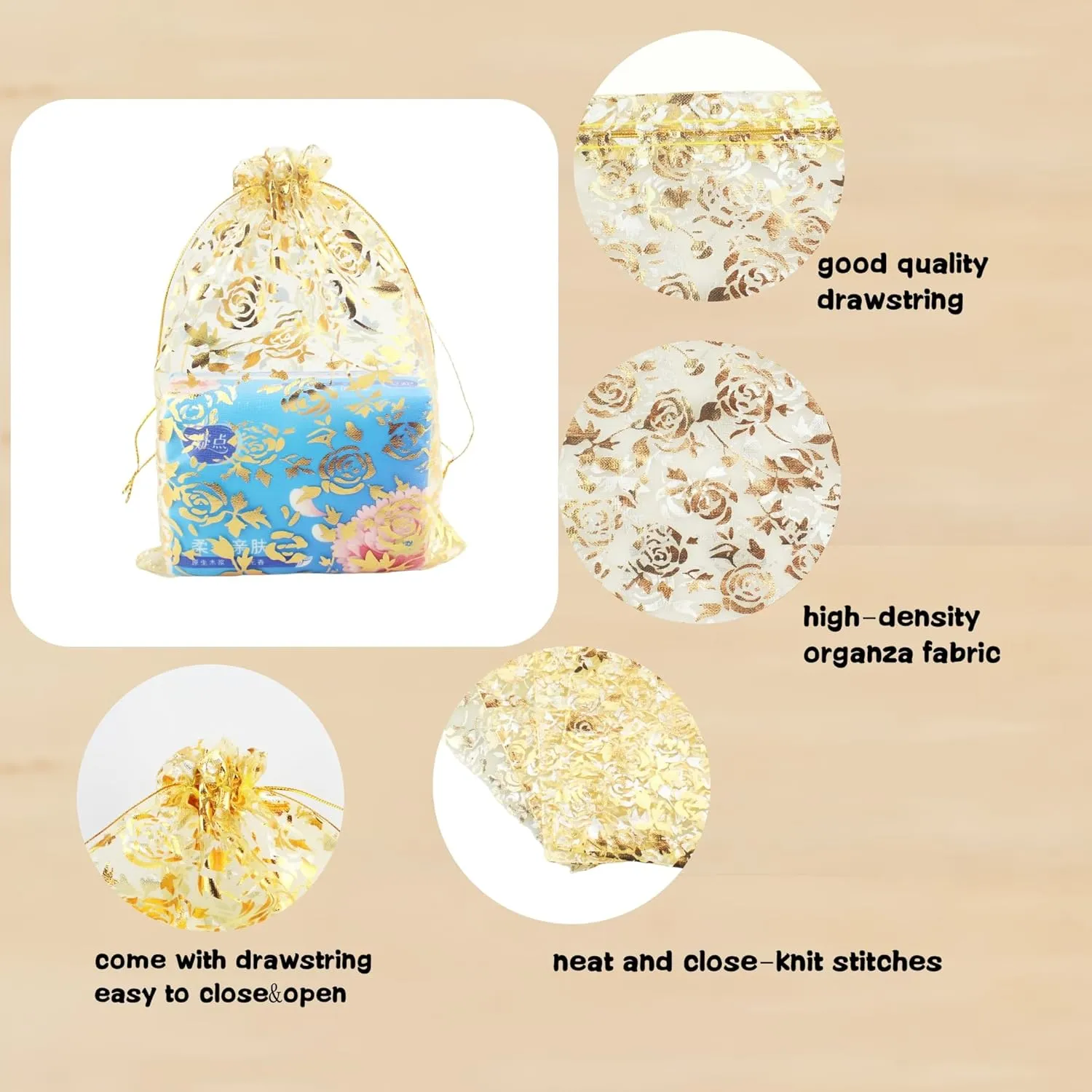 QIANHAILIZZ 100 Pack 7 x 9 Inch Drawstring Flower Heart Bags Organza Jewelry Gift Pouch Candy Pouch Drawstring Wedding Favor Bags (gold flower)