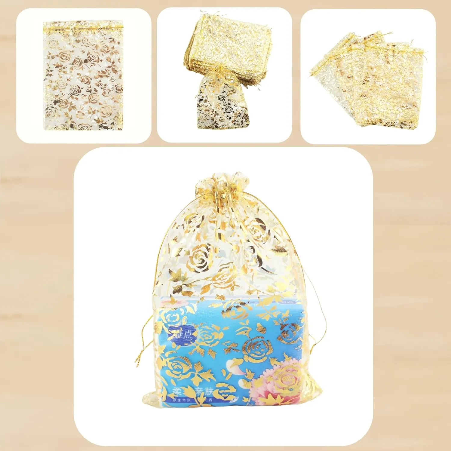 QIANHAILIZZ 100 Pack 7 x 9 Inch Drawstring Flower Heart Bags Organza Jewelry Gift Pouch Candy Pouch Drawstring Wedding Favor Bags (gold flower)