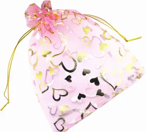 QIANHAILIZZ 100 Pack 7 x 9 Inch Drawstring Flower Heart Bags Organza Jewelry Gift Pouch Candy Pouch Drawstring Wedding Favor Bags (pink heart)