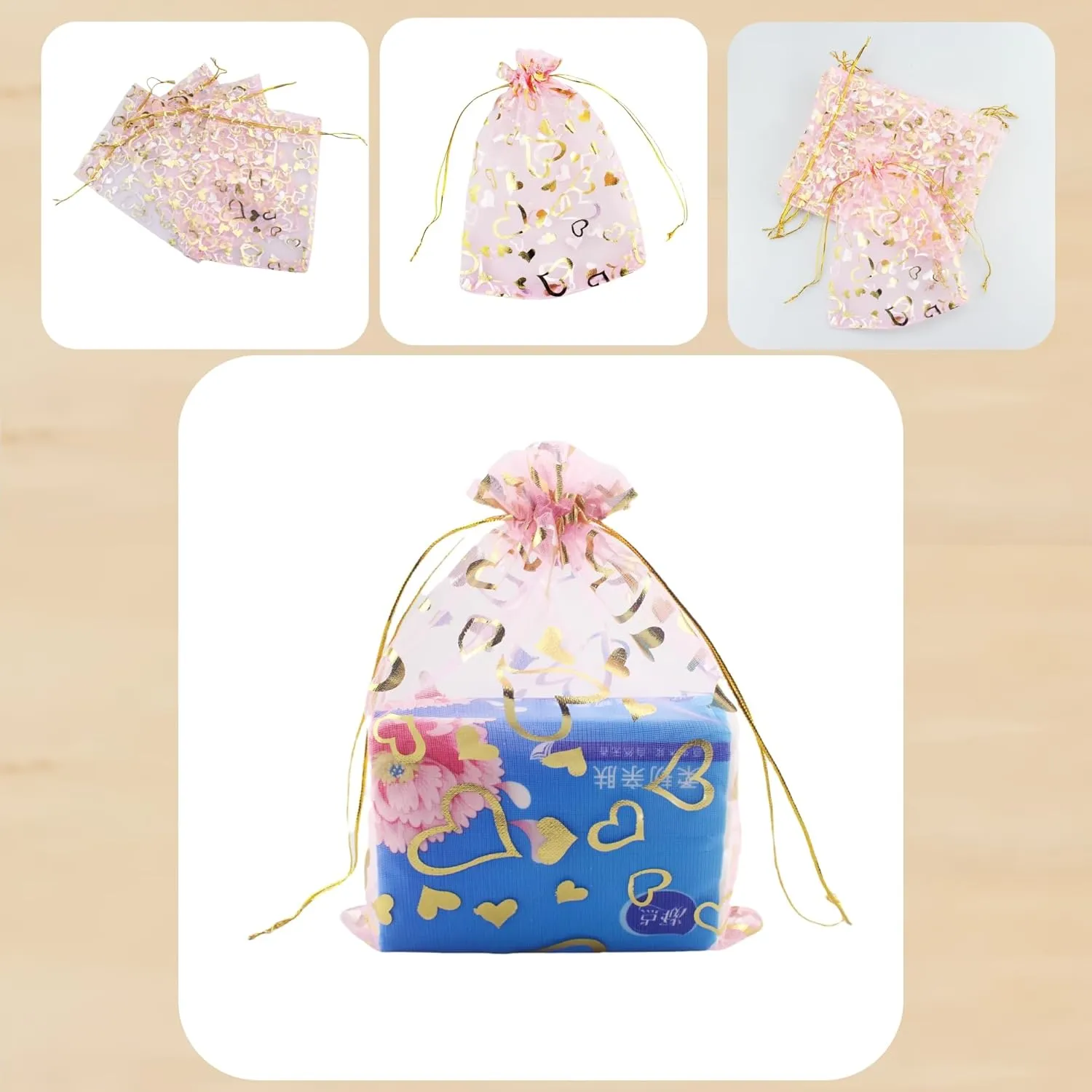 QIANHAILIZZ 100 Pack 7 x 9 Inch Drawstring Flower Heart Bags Organza Jewelry Gift Pouch Candy Pouch Drawstring Wedding Favor Bags (pink heart)