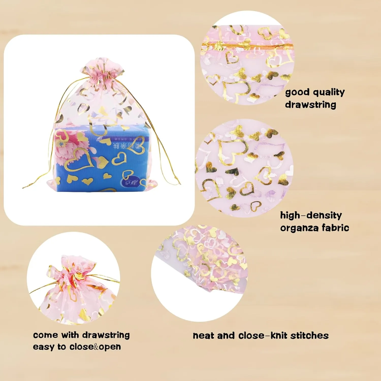 QIANHAILIZZ 100 Pack 7 x 9 Inch Drawstring Flower Heart Bags Organza Jewelry Gift Pouch Candy Pouch Drawstring Wedding Favor Bags (pink heart)