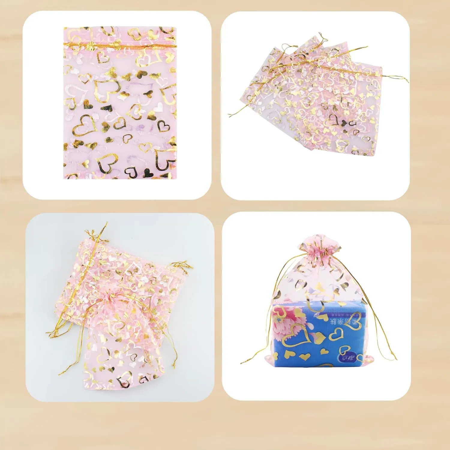 QIANHAILIZZ 100 Pack 7 x 9 Inch Drawstring Flower Heart Bags Organza Jewelry Gift Pouch Candy Pouch Drawstring Wedding Favor Bags (pink heart)