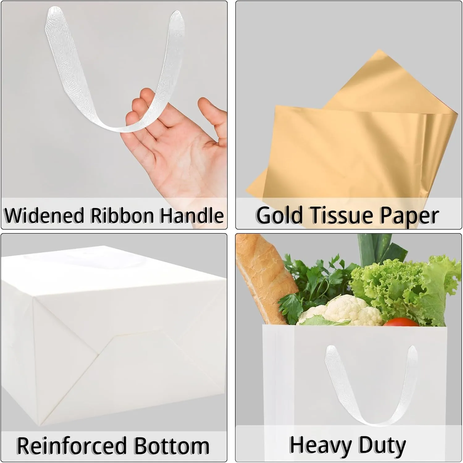 QIELSER 12 Pack Kraft Gift Bags Bulk Extra Large Size with Tissue Paper 16x6x12 Inches, White Paper Bags with Ribbon Handles for Party Favor, Shopping, Retail, Wedding, Business, Birthday, Christmas