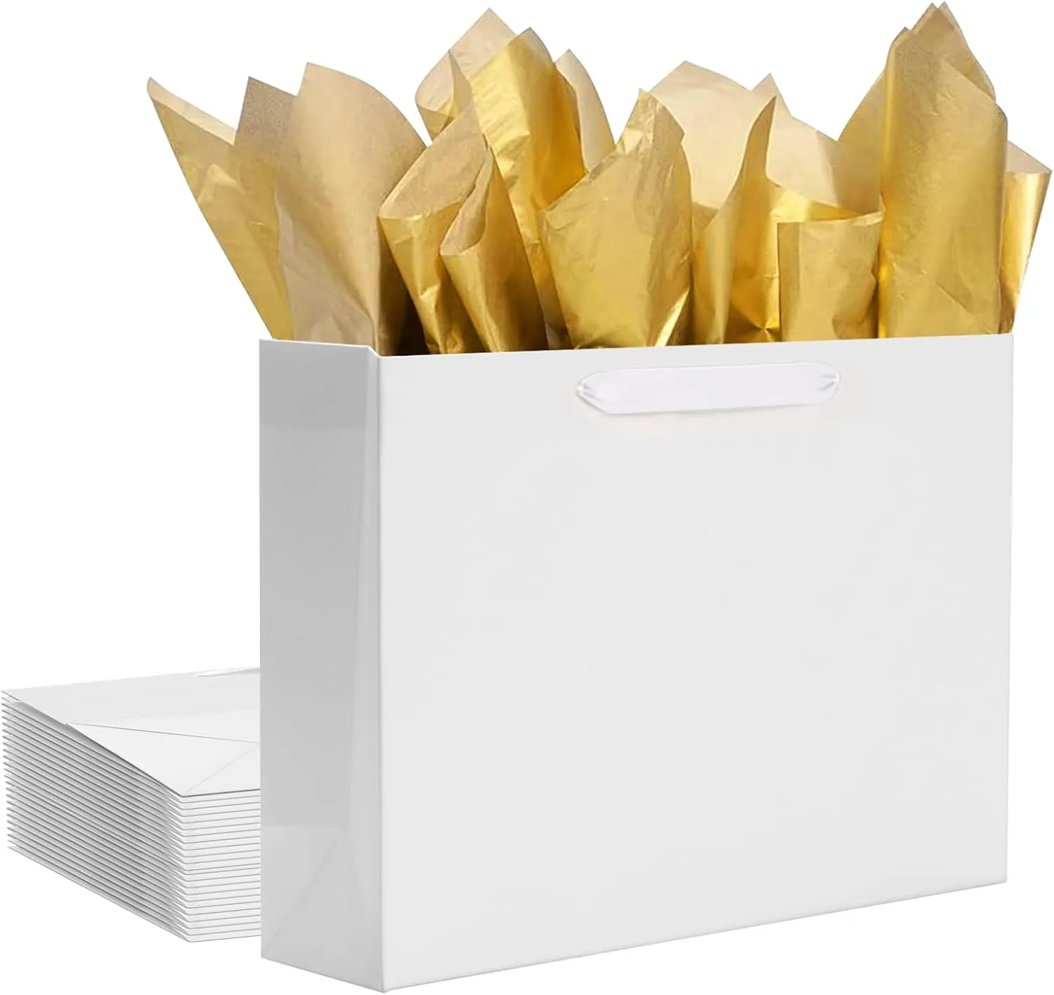 QIELSER 12 Pack Kraft Gift Bags Bulk Extra Large Size with Tissue Paper 16x6x12 Inches, White Paper Bags with Ribbon Handles for Party Favor, Shopping, Retail, Wedding, Business, Birthday, Christmas