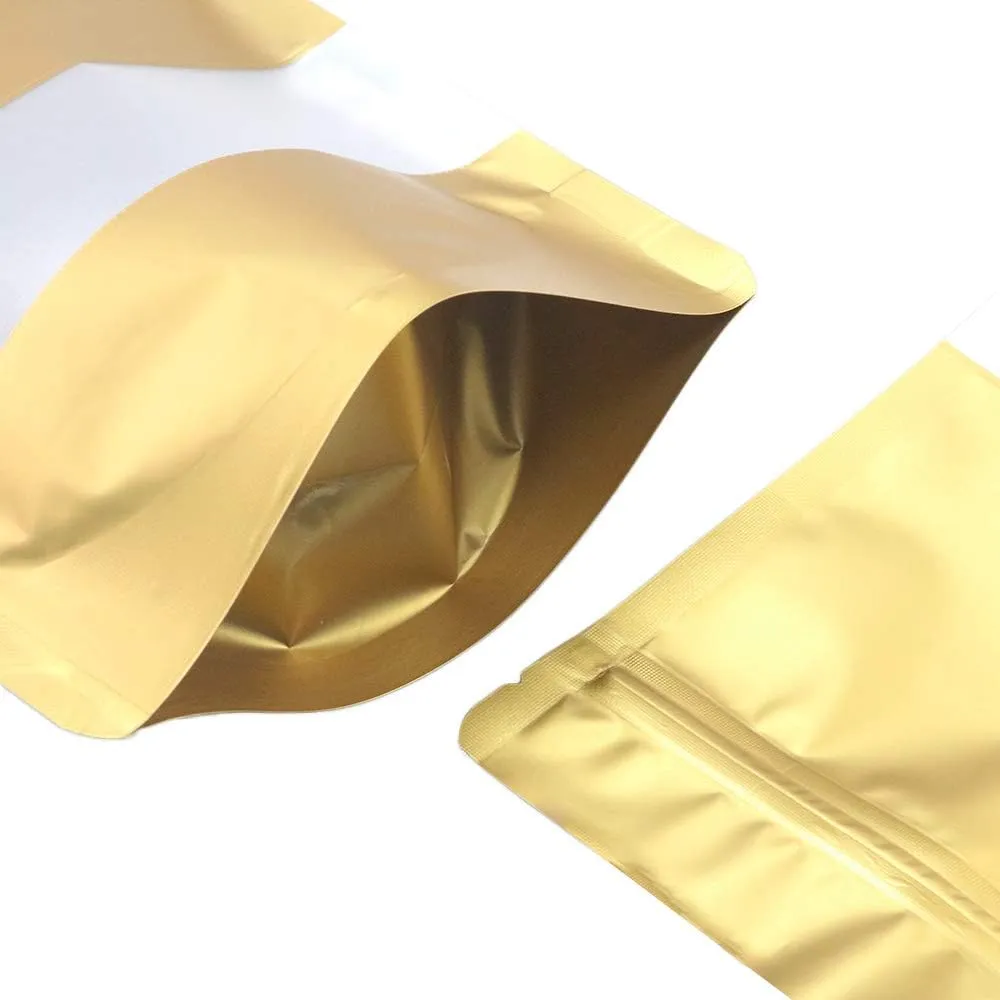 QQ Studio 100 Matte Metallic Color with Frosted Window Display Stand-Up Resealable QuickQlick Bags (4.7" x 7.9", Matte Gold)