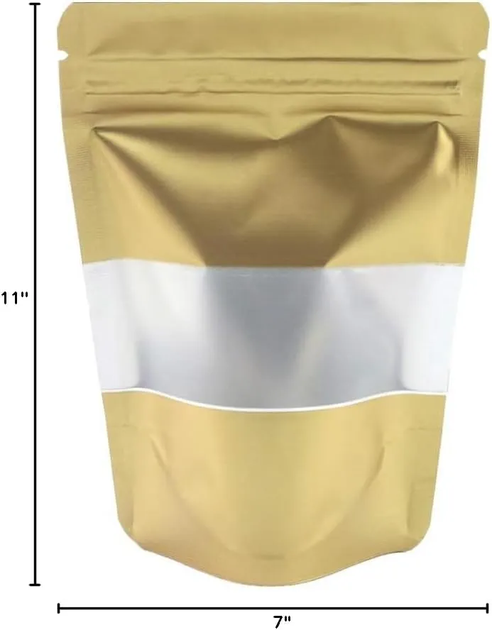 QQ Studio 100 Matte Metallic Color with Frosted Window Display Stand-Up Resealable QuickQlick Bags (4.7" x 7.9", Matte Gold)