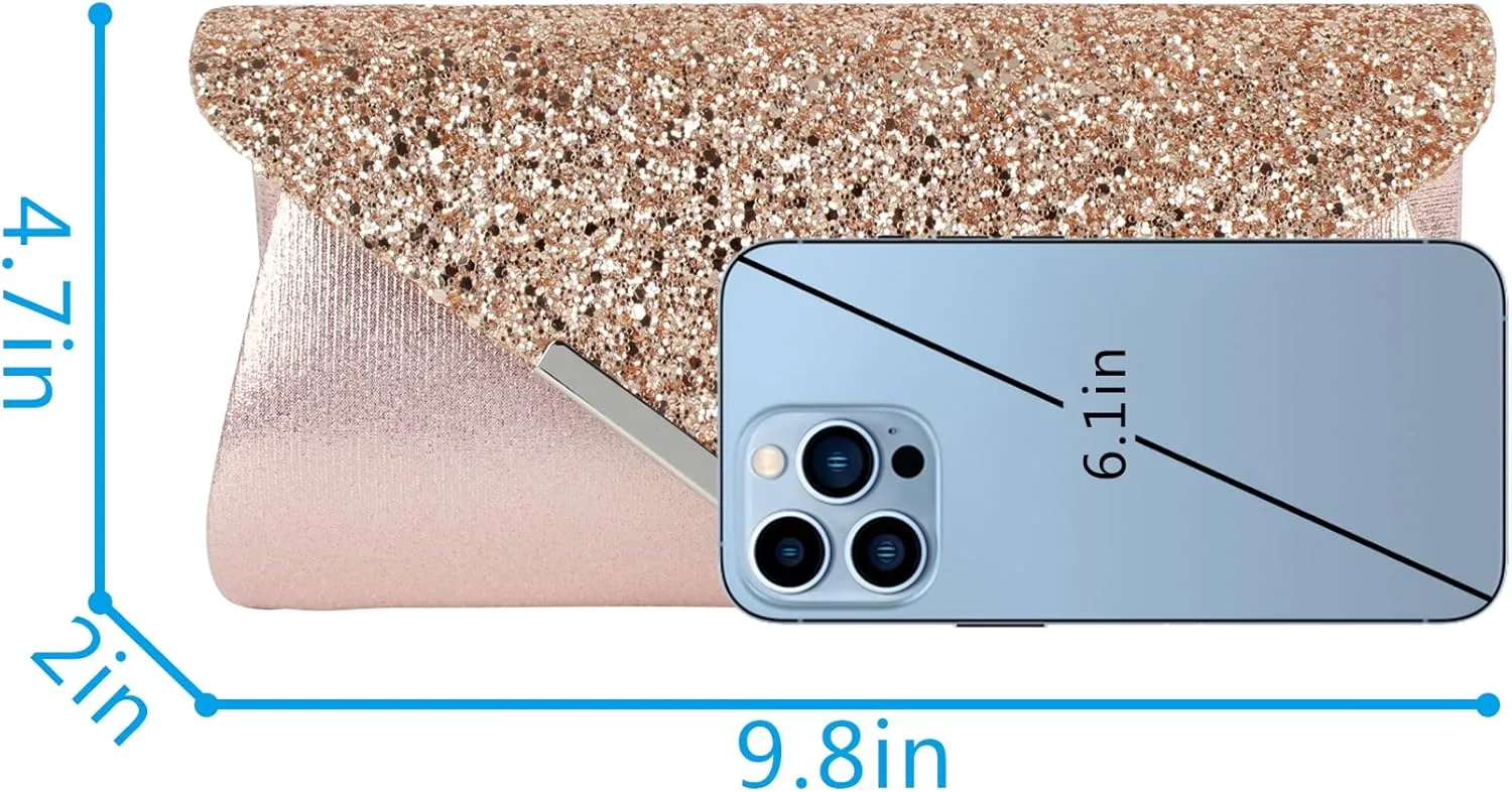 Queena Womens Shiny Glitter Evening Clutch Envelope Handbag Chain Purse for Wedding Party Prom Gift for Mom Wife Girlfriend