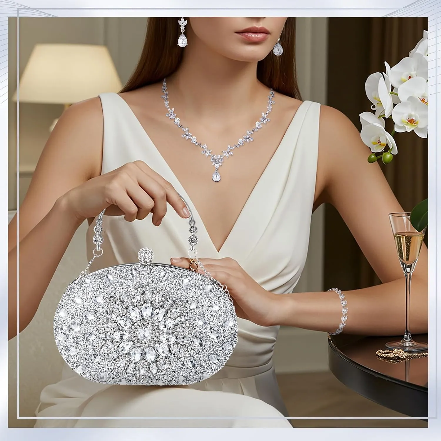 Quelay 4 Pcs Purse Rhinestone Jewelry Set Evening Clutch Bag Bling Crystal Necklace Dangle Earrings Bracelets Accessories
