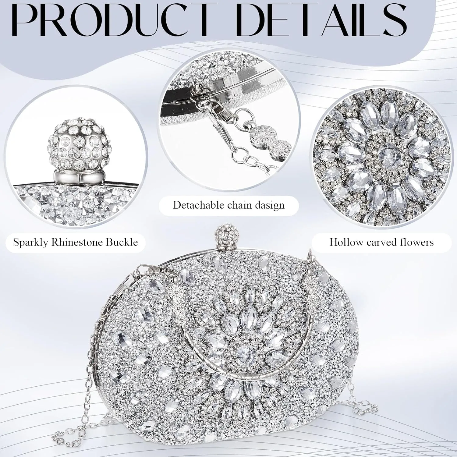 Quelay 4 Pcs Purse Rhinestone Jewelry Set Evening Clutch Bag Bling Crystal Necklace Dangle Earrings Bracelets Accessories
