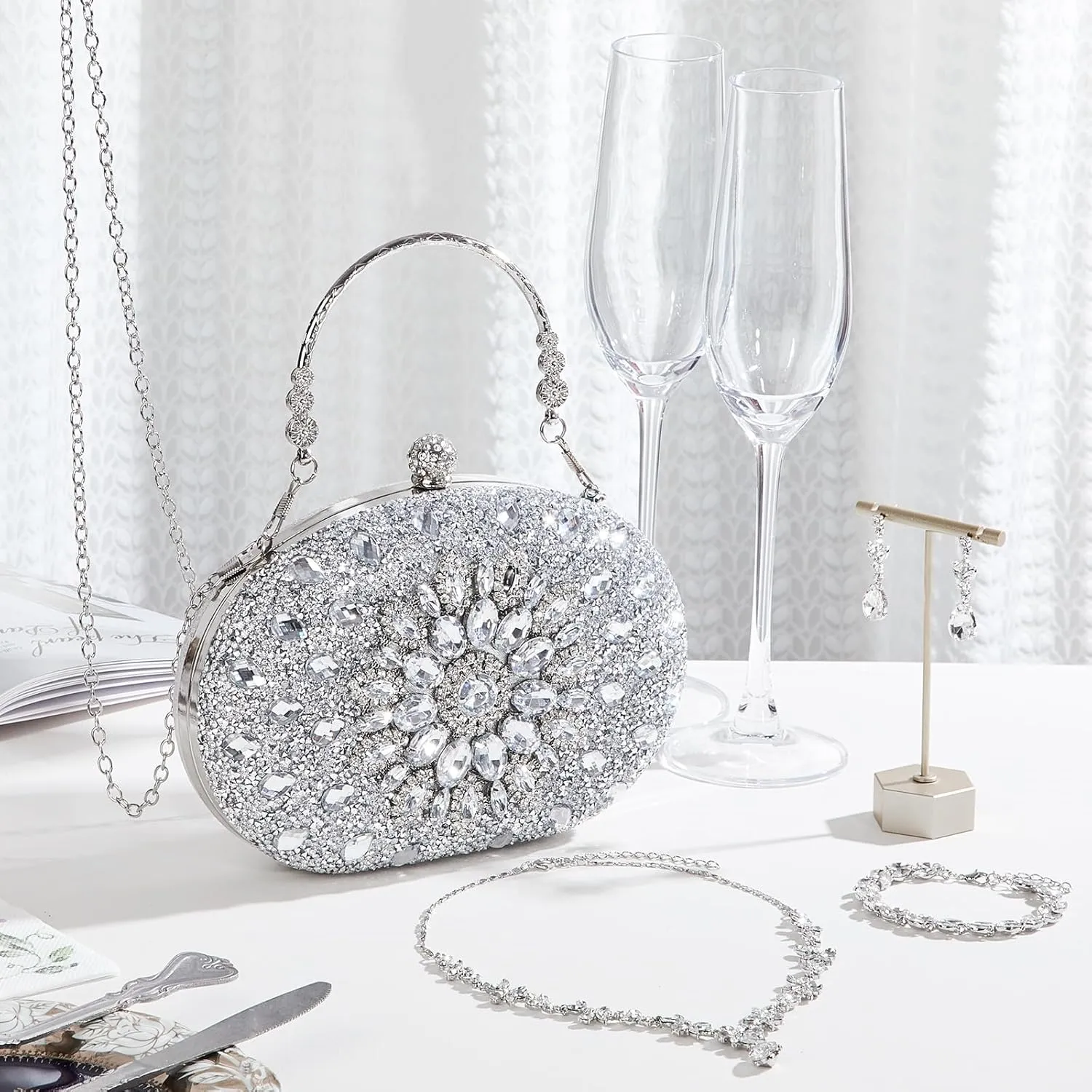 Quelay 4 Pcs Purse Rhinestone Jewelry Set Evening Clutch Bag Bling Crystal Necklace Dangle Earrings Bracelets Accessories