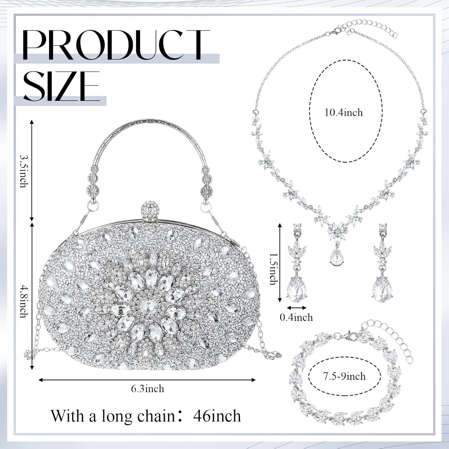 Quelay 4 Pcs Purse Rhinestone Jewelry Set Evening Clutch Bag Bling Crystal Necklace Dangle Earrings Bracelets Accessories