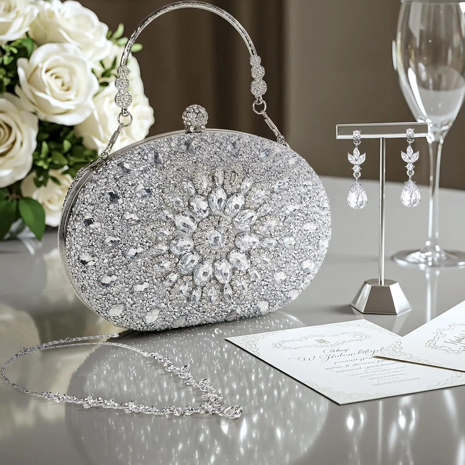 Quelay 4 Pcs Purse Rhinestone Jewelry Set Evening Clutch Bag Bling Crystal Necklace Dangle Earrings Bracelets Accessories