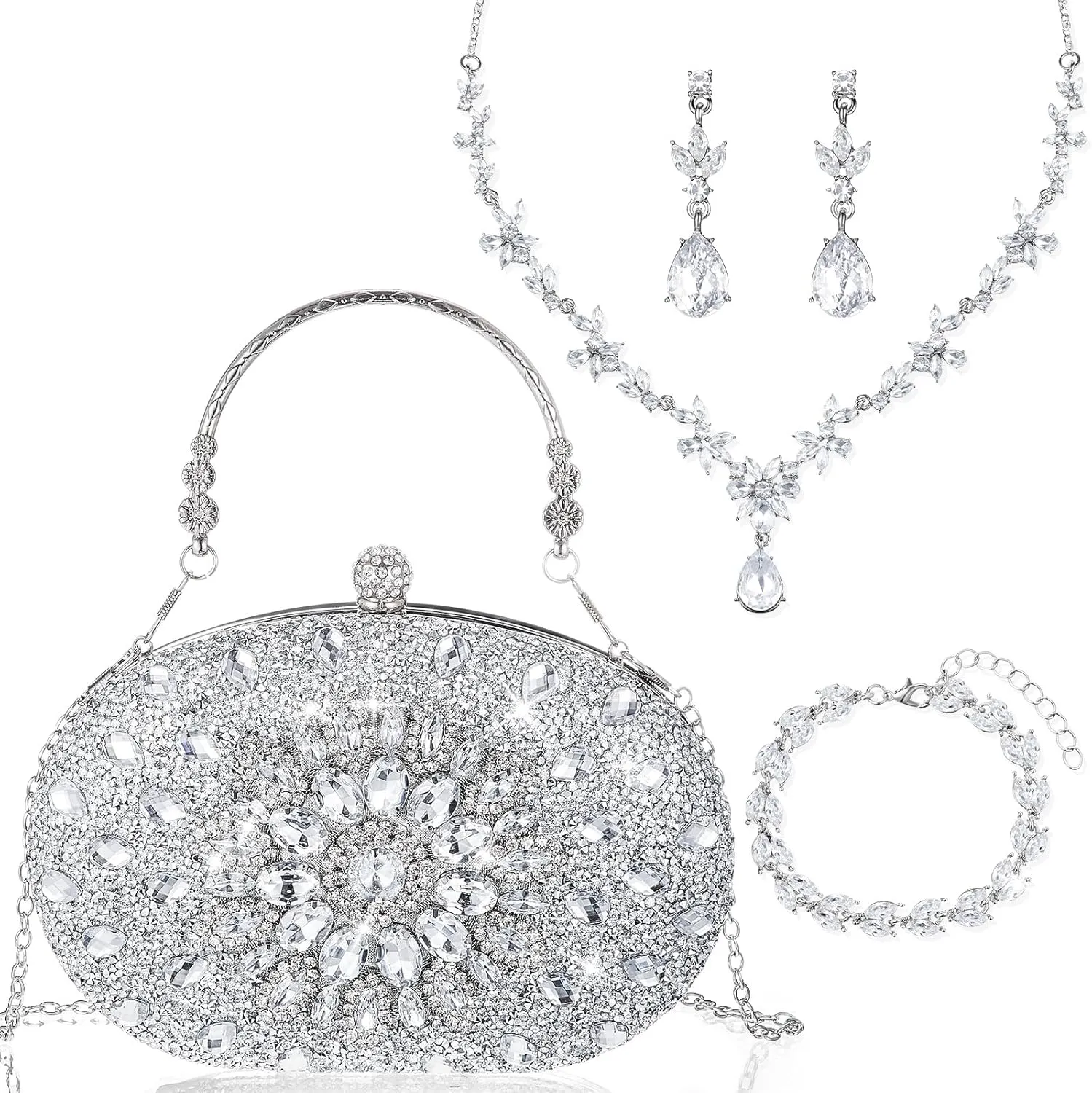 Quelay 4 Pcs Purse Rhinestone Jewelry Set Evening Clutch Bag Bling Crystal Necklace Dangle Earrings Bracelets Accessories
