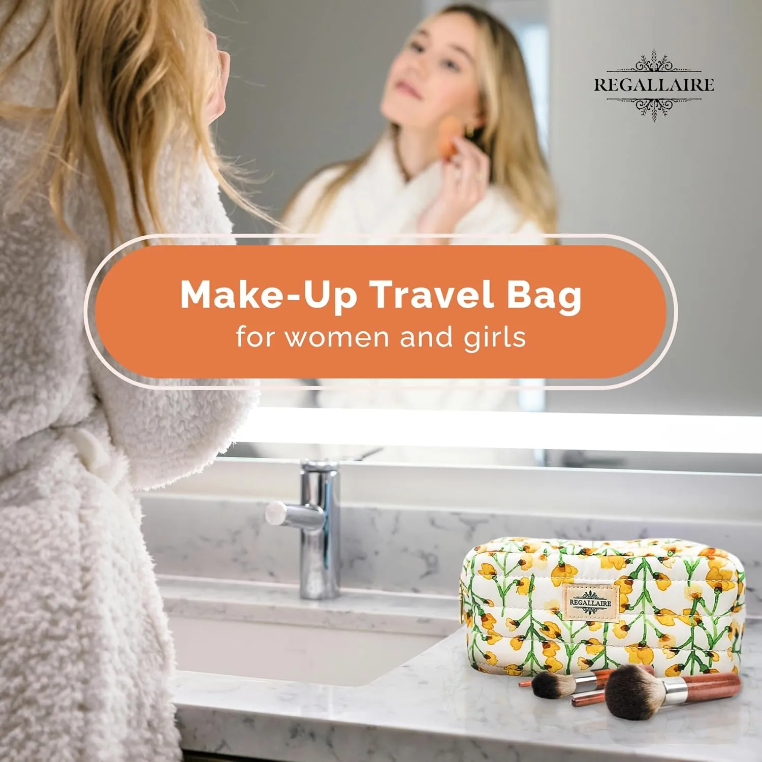 Quilted Cotton Makeup Travel Bag | Medium Size | Cosmetic Organizer Case | For Women & Girls | Brush & Accessories Storage | Purse | Cute Aesthetic Floral Toiletry Bag | Yellow
