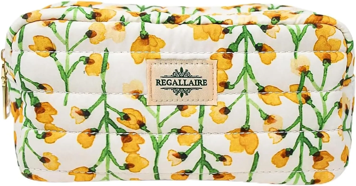 Quilted Cotton Makeup Travel Bag | Medium Size | Cosmetic Organizer Case | For Women & Girls | Brush & Accessories Storage | Purse | Cute Aesthetic Floral Toiletry Bag | Yellow