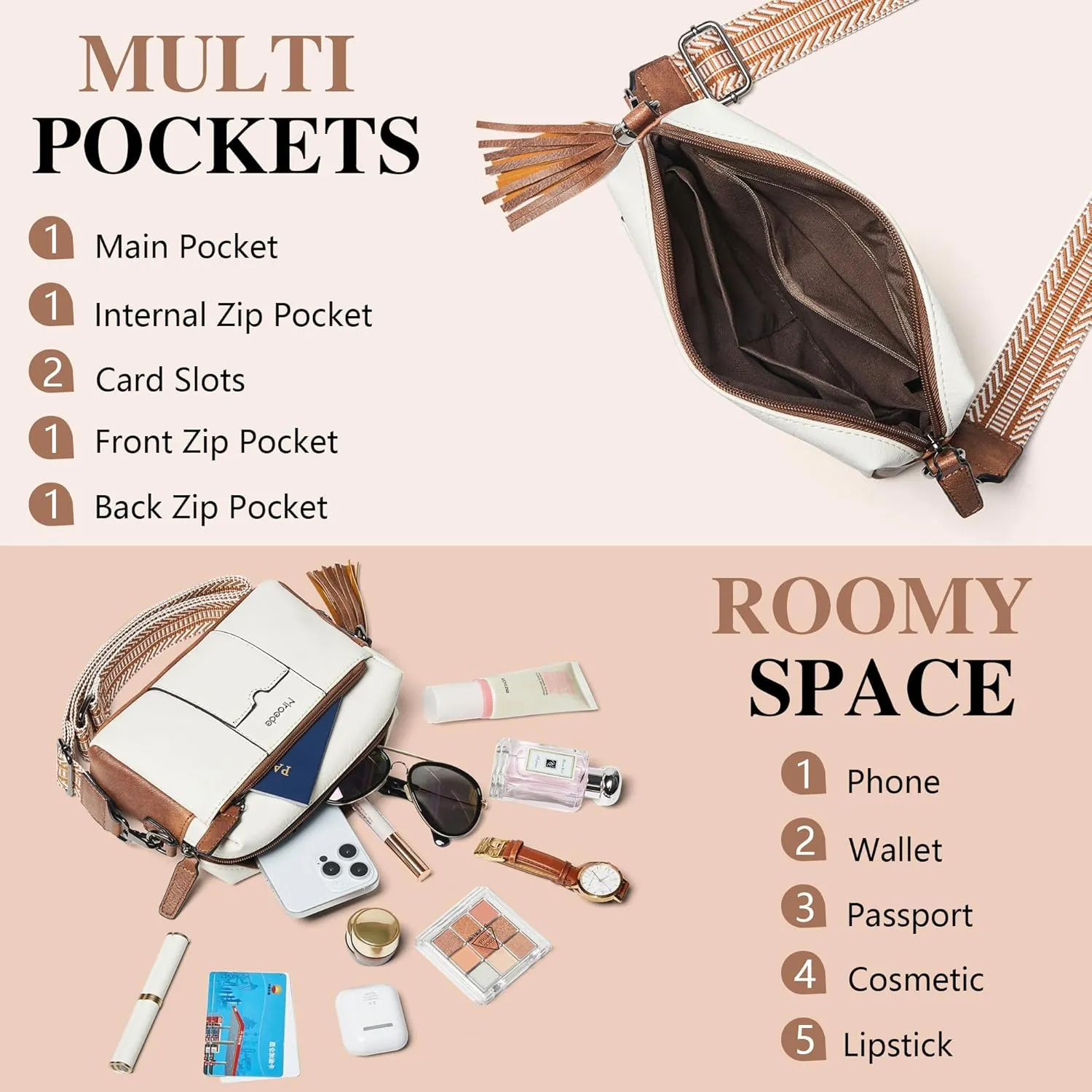 Quilted Crossbody Bags for Women 3-Pockets Crossbody Purses Vegan Leather Shoulder Handbags with Wide Strap