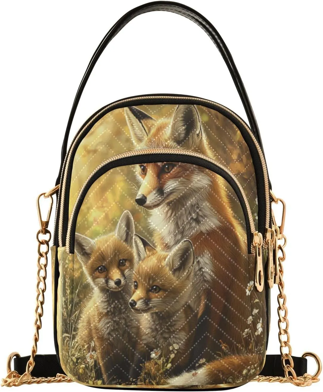 Quilted Crossbody Bags for Women Trendy, Fox in The Bush Small Shoulder Handbags Leather Purse for Women Cross Body Purses