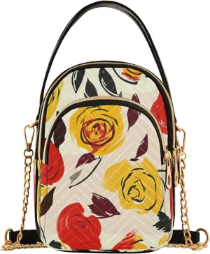 Quilted Crossbody Bags for Women,Yellow and Red Rose Simple Strokes Decorative Patterns Graphic Design Leaves Flowers Women's Crossbody Handbags Small Travel Purses Phone Bag