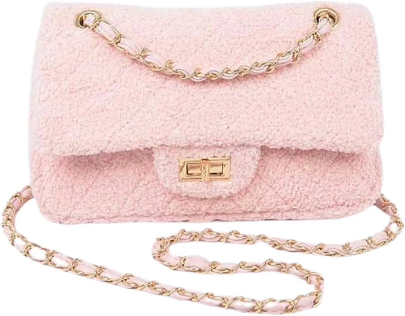 Quilted Faux Fur Shoulder Bag for Women Crossbody Bag Gold Chain Strap Flap Closure Soft Plush Texture Evening Bag