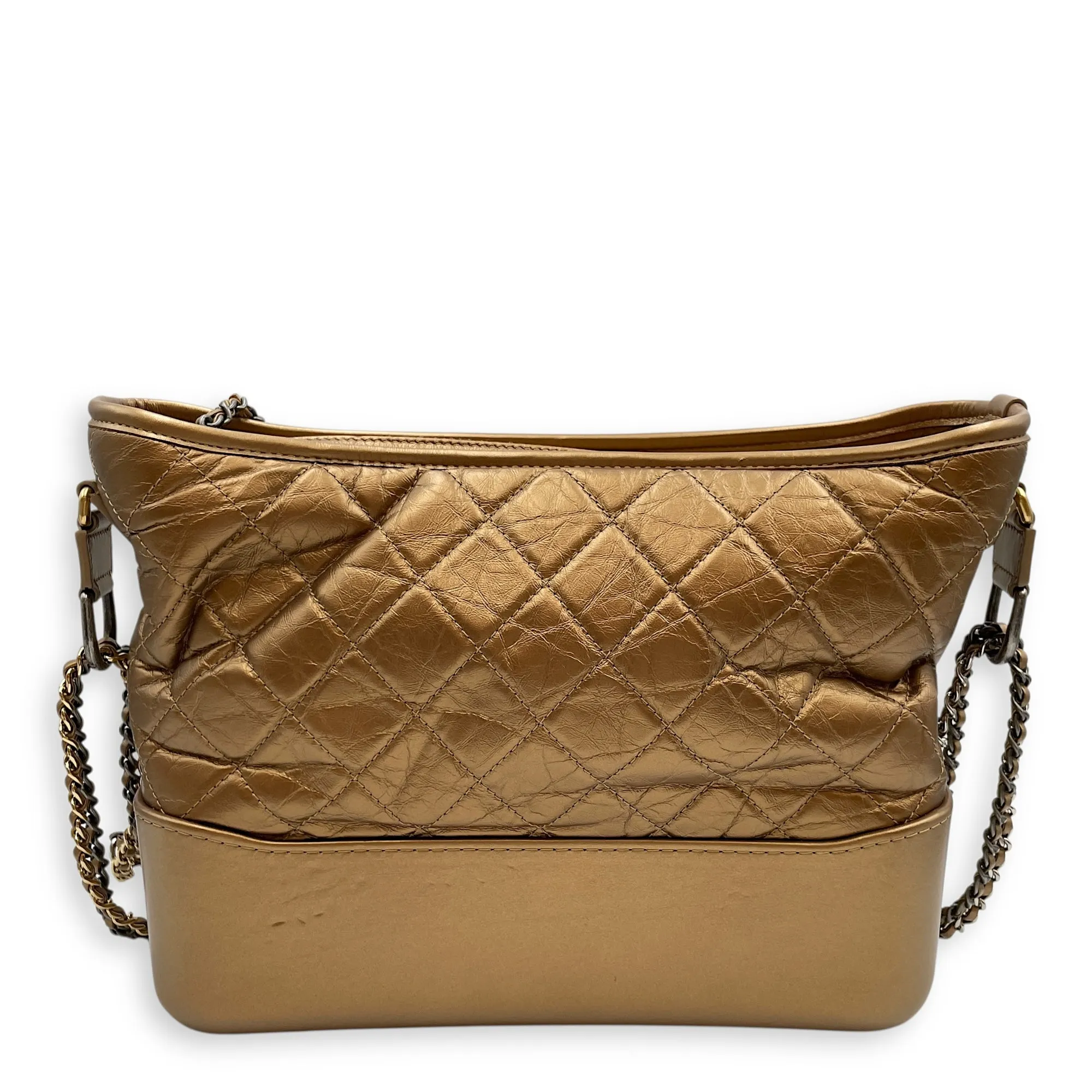 Quilted Gabrielle Metallic Gold Top Handle Bag in Distressed Leather, Tri tone hardware