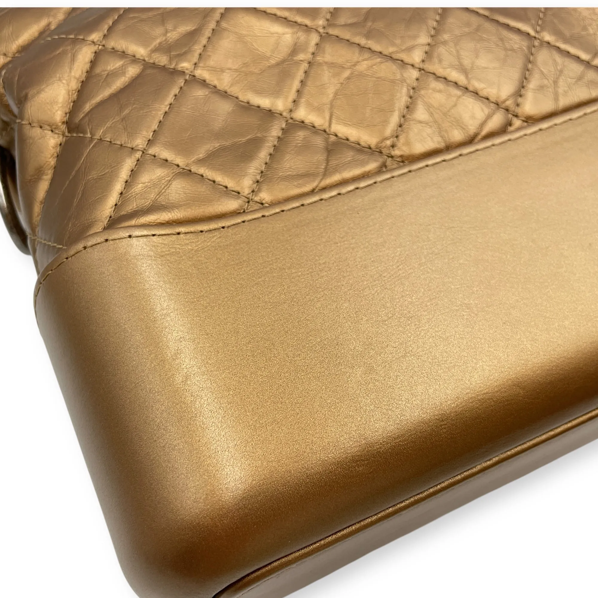 Quilted Gabrielle Metallic Gold Top Handle Bag in Distressed Leather, Tri tone hardware
