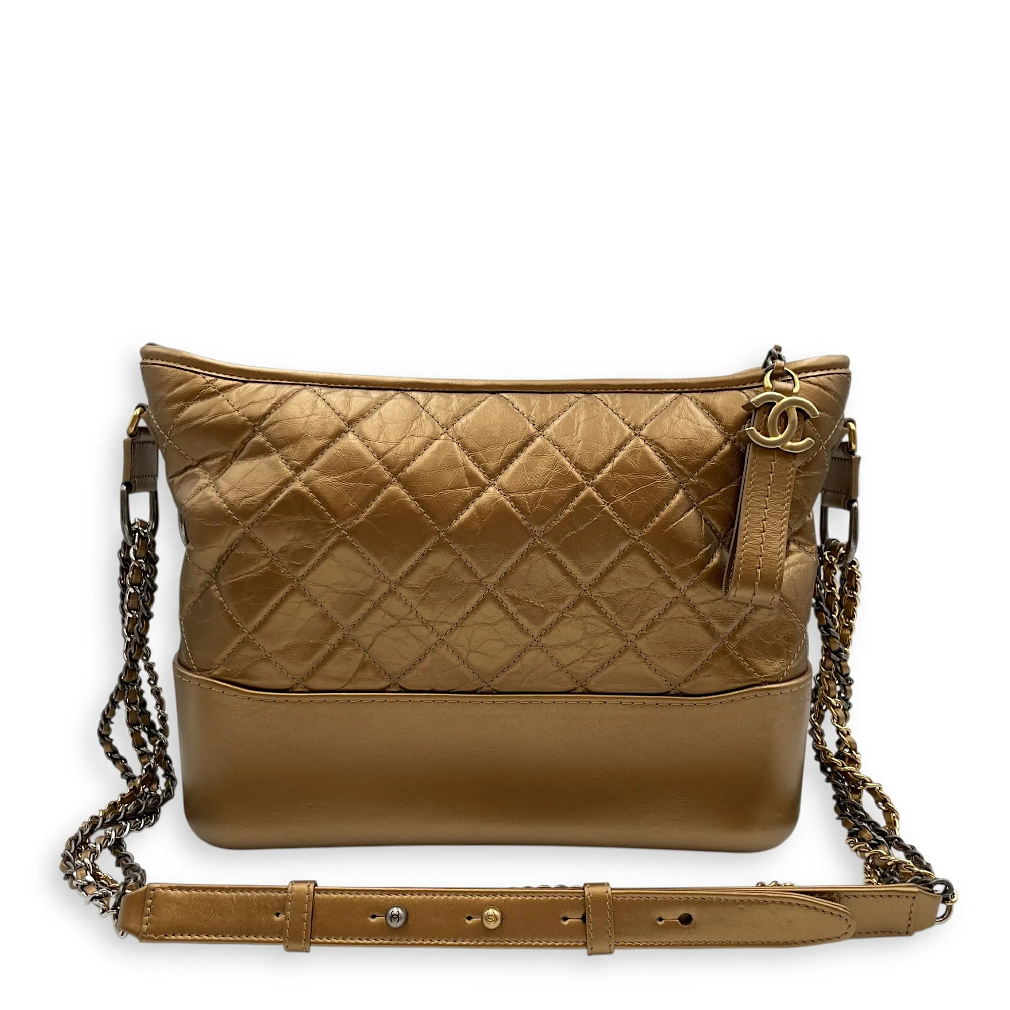 Quilted Gabrielle Metallic Gold Top Handle Bag in Distressed Leather, Tri tone hardware