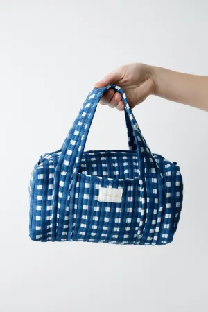 Quilted Handled Cosmetic Bag - Navy Blue Check