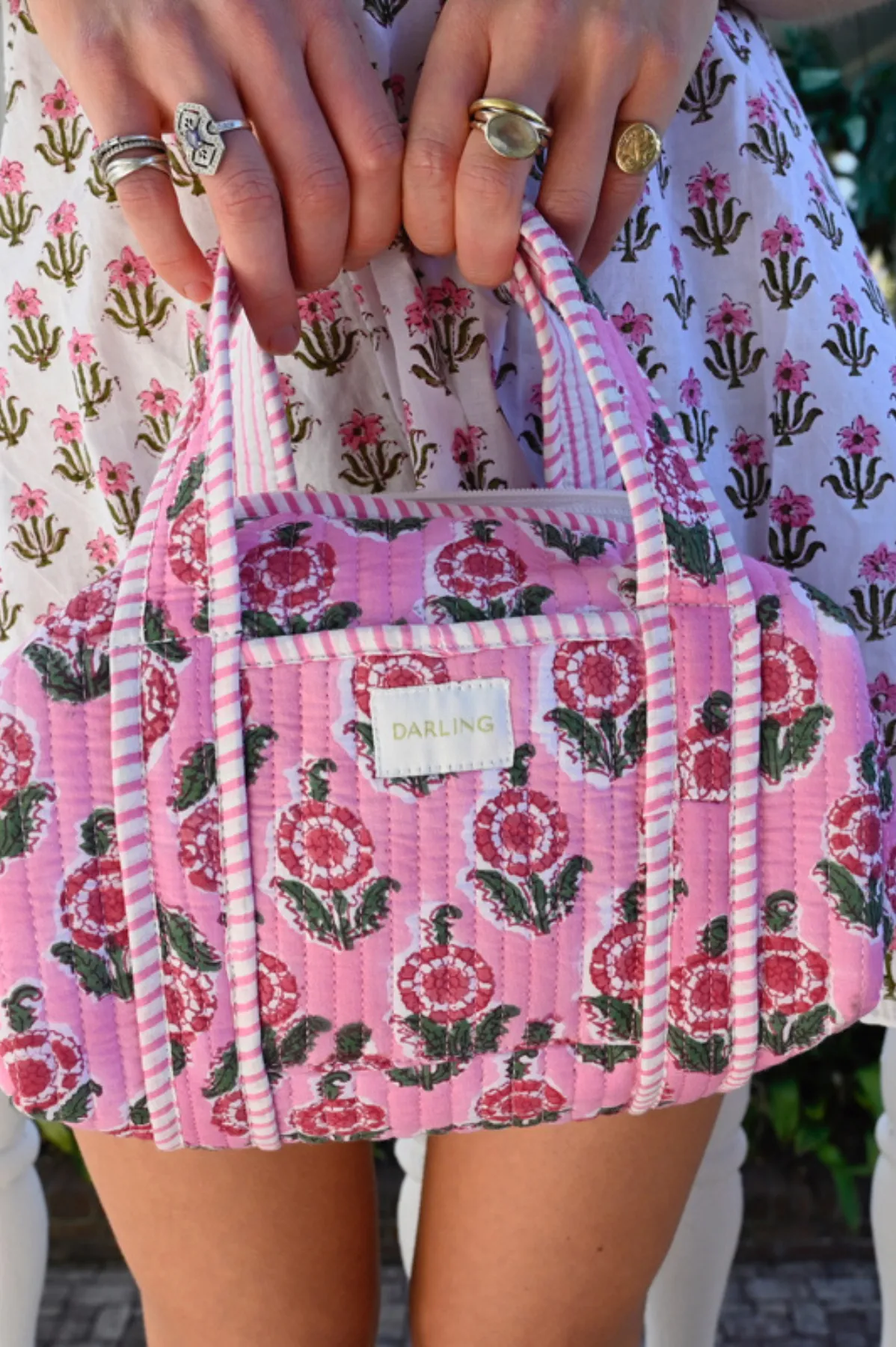 Quilted Handled Cosmetic Bag - Pink Poppy