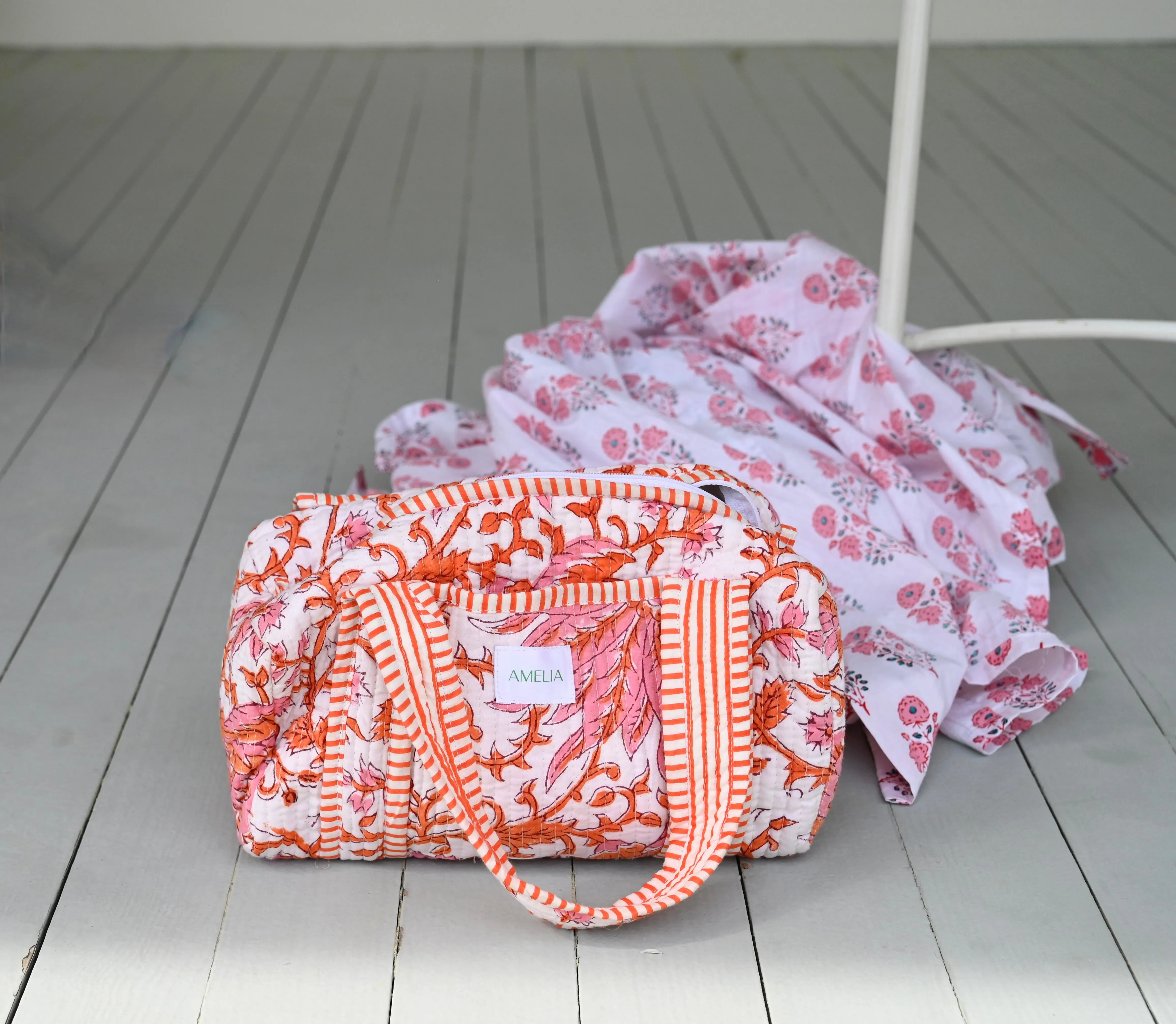 Quilted Handled Cosmetic Coral Floral