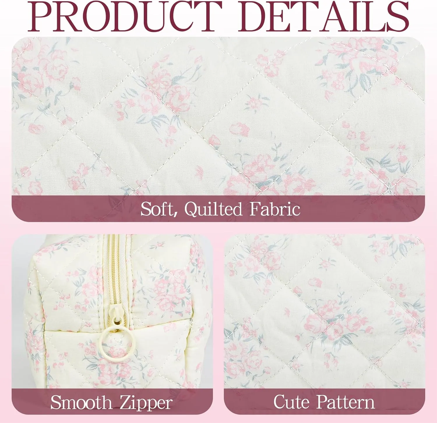 Quilted Makeup Pouch,Cotton Puffy Makeup Bag, Coquette Cosmetic Bag for Women and Girls, Aesthetic Organizer Bag, Cute Flower Travel Toiletry Bag