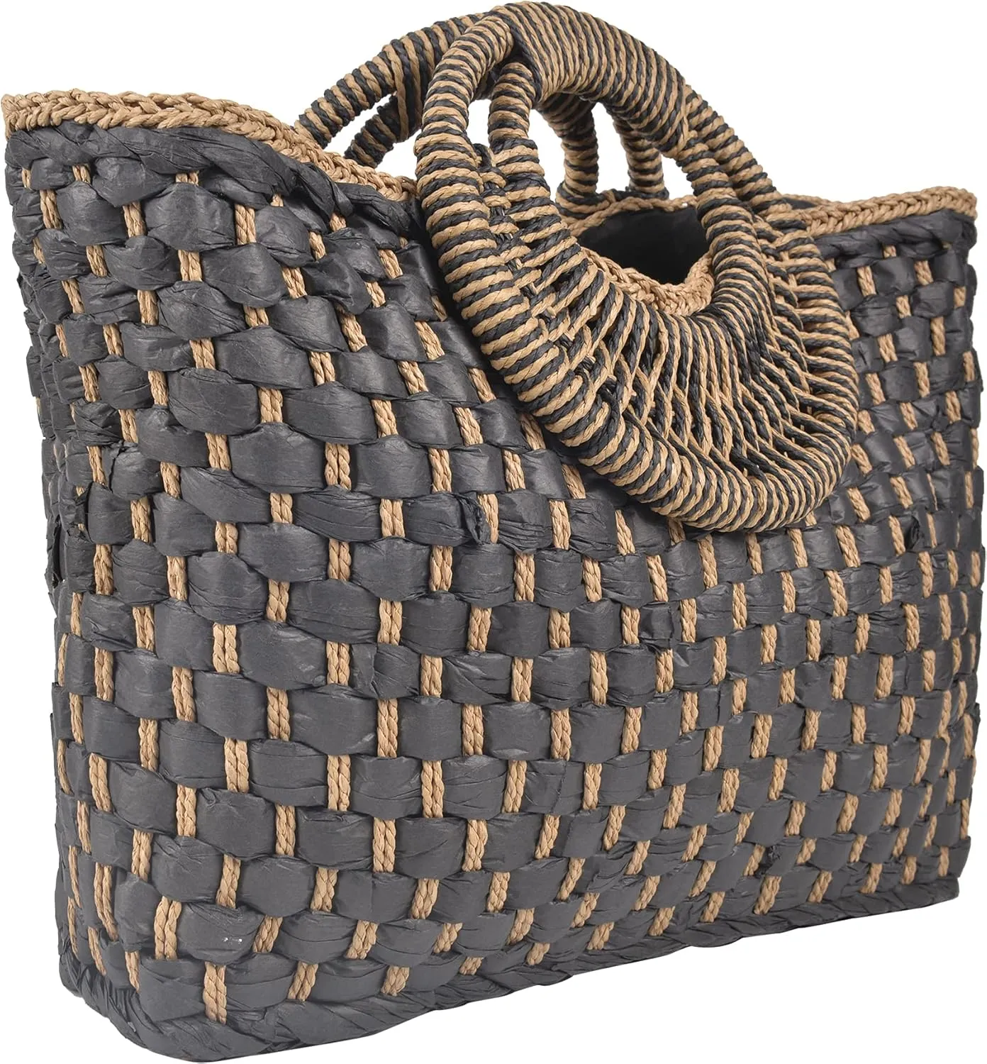 QZUnique Hand-woven Straw Bag Women Summer Beach Handbag Purse Retro Rattan Tote Clutch Travel Bag with Wood Round Top Handle