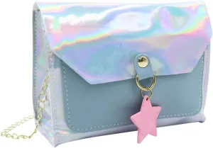 RARITYUS Holographic Silver Crossbody Bag for Girls Women Fashion Metallic Clutch Purse Shoulder Handbag with Star Pendant