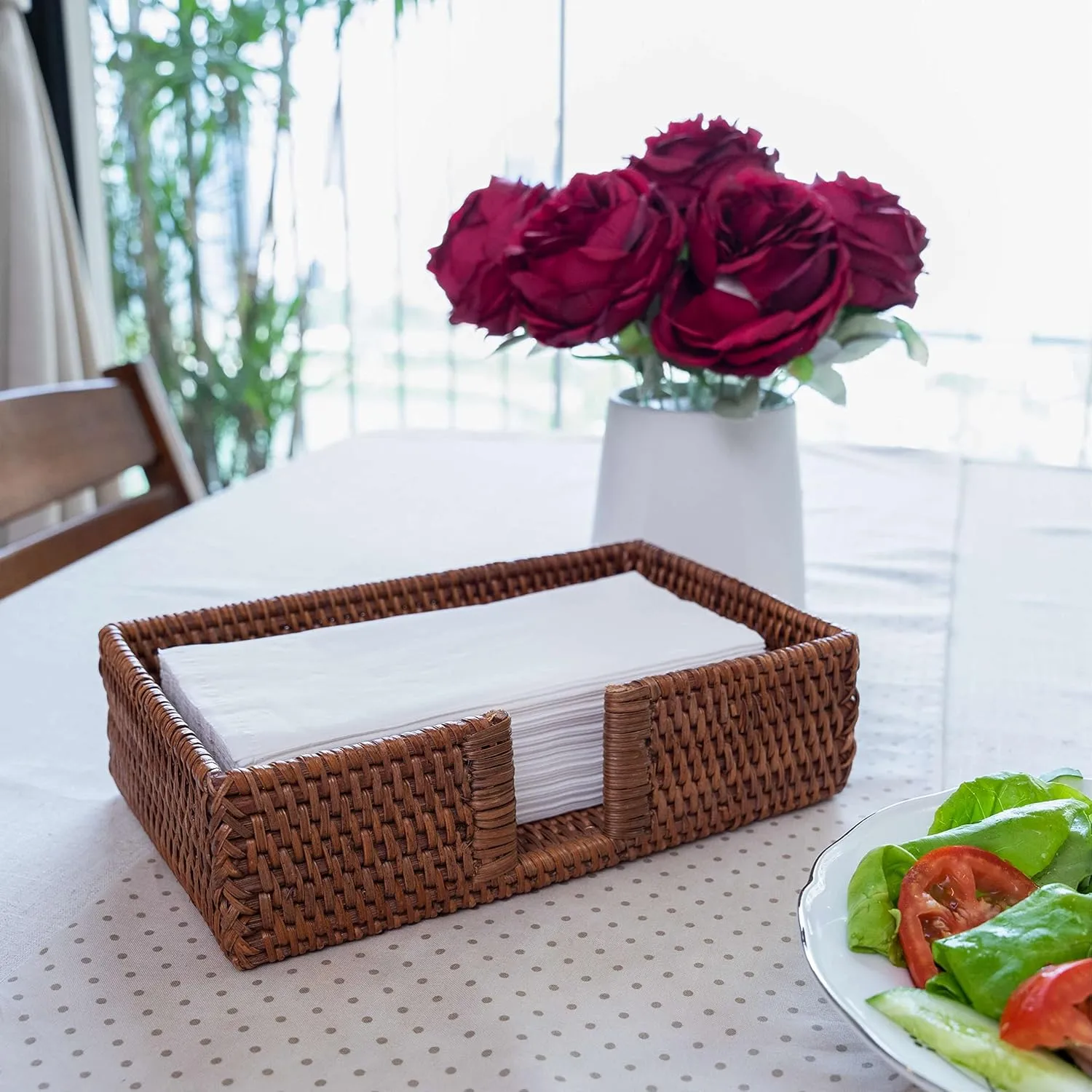Rattan Guest Towel Holder For Bathroom Towel Caddy Rectangular Napkin Tray 9.4 X 5.9 X 2.4 Inches Wicker Toilet Tank Basket Tissue Paper Hand Towels Storage Countertop (Guest Towel, Dark Brown)